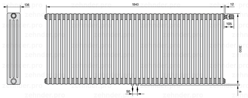 Схема (чертеж) Радиатор Zehnder Charleston 4300/40 №V008 Белый глянцевый RAL 9016